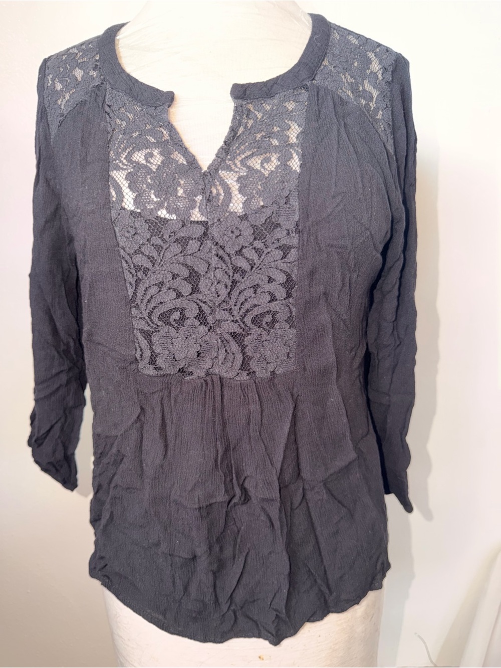 Stoosh Charcoal Lace Yoke Peasant Blouse